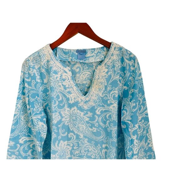 J. McLaughlin Tunic Silk Cotton Blue Paisley Lace Trim V-Neckline Size Large - Picture 2 of 8